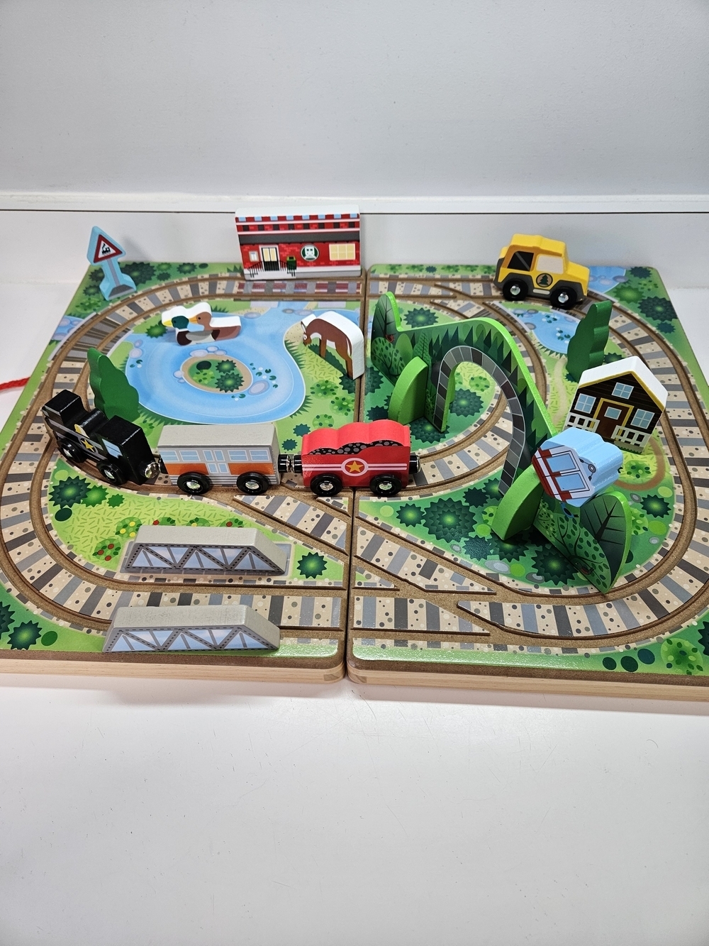 Melissa & Doug Wooden Take Along Railroad Set 17 Piece Tabletop Travel Trains